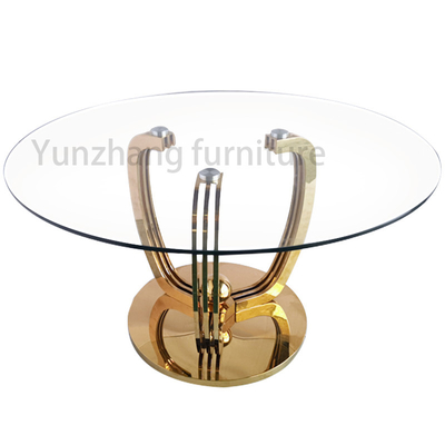 Luxury Model Round Dining Table Transparent 10mm Thick Tempered Glass Top With Gold Base