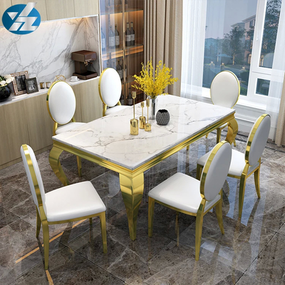 Upholstered Back Armless Marble Top Dining Chairs with Silver Stainless Steel Base