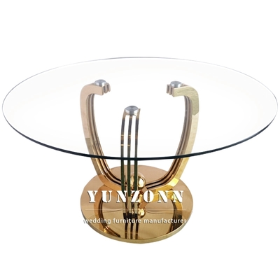 Luxury Model Round Dining Table Transparent 10mm Thick Tempered Glass Top With Gold Base