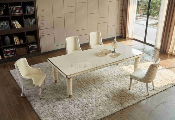Embroidery Leather Cover Luxury Modern Dining Tables White Tempered Glass Top Stainless Steel Frame For Home