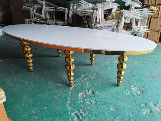 Good price Oval MDF Wedding Banquet Tables Banquet Style Wedding Reception Tables Ss Gold Ball Legs online