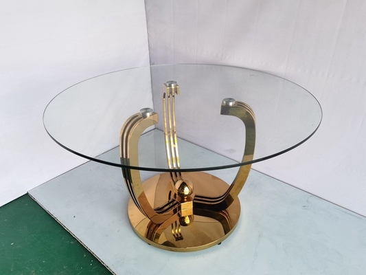 Minimalist Gold Stainless Steel Base Dining Table With Glass Top