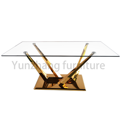 Minimalist Rectangular Glass Top Dining Table With Solid SS201 Gold Plated Stand Base