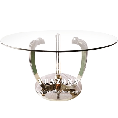 Luxury Model Round Dining Table Transparent 10mm Thick Tempered Glass Top With Gold Base