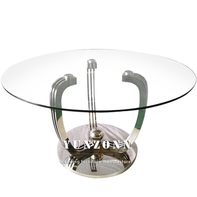 Luxury Model Round Dining Table Transparent 10mm Thick Tempered Glass Top With Gold Base