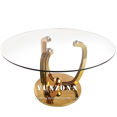 Luxury Model Round Dining Table Transparent 10mm Thick Tempered Glass Top With Gold Base