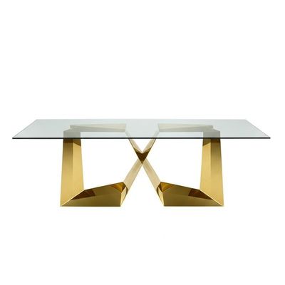 Minimalist Rectangular Glass Top Dining Table With Solid SS201 Gold Plated Stand Base