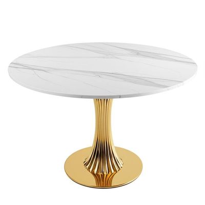 Faux Marble Tabletop Modern Pedestal Dining Table Golden Stainless Steel Frame