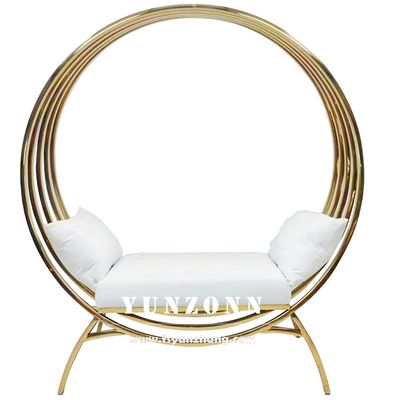 White Leather Cushion Love Seat Sofa with Stainless Steel Frame and Moon Circle Design for Hotels and Weddings