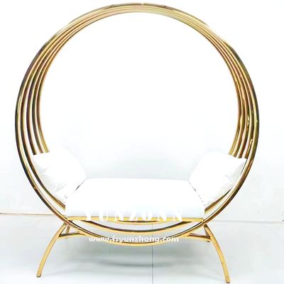 White Leather Cushion Love Seat Sofa with Stainless Steel Frame and Moon Circle Design for Hotels and Weddings