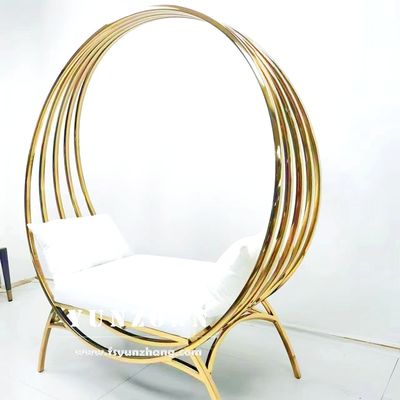 White Leather Cushion Love Seat Sofa with Stainless Steel Frame and Moon Circle Design for Hotels and Weddings