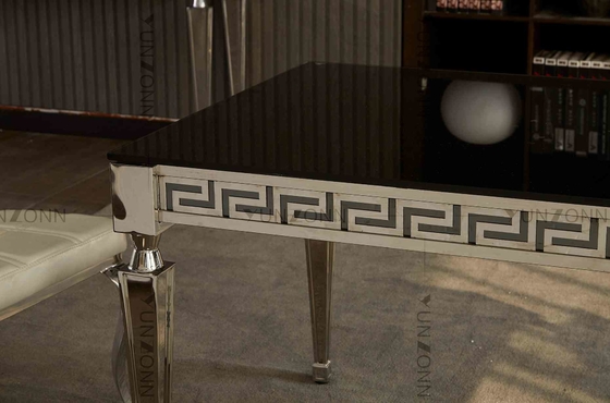 Concise Black Glass Dining Table Carved Edge Angular Legs For Dining Room