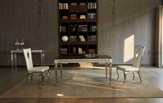 Concise Black Glass Dining Table Carved Edge Angular Legs For Dining Room