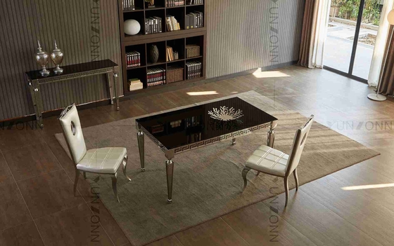 Concise Black Glass Dining Table Carved Edge Angular Legs For Dining Room