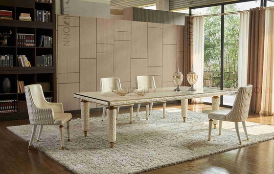 Embroidery Leather Cover Luxury Modern Dining Tables White Tempered Glass Top Stainless Steel Frame For Home