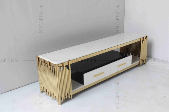 Living Room White And Gold Tv Console Table Marble Top Stainless Steel With Drawers
