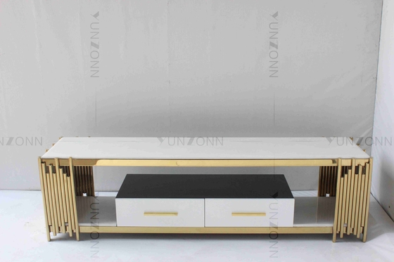 Living Room White And Gold Tv Console Table Marble Top Stainless Steel With Drawers