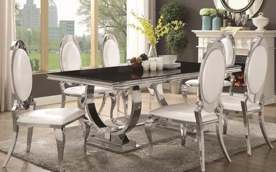 Silver 150X90X75 Luxury Comfort Dining Table 6 Seater Tempered Glass Top