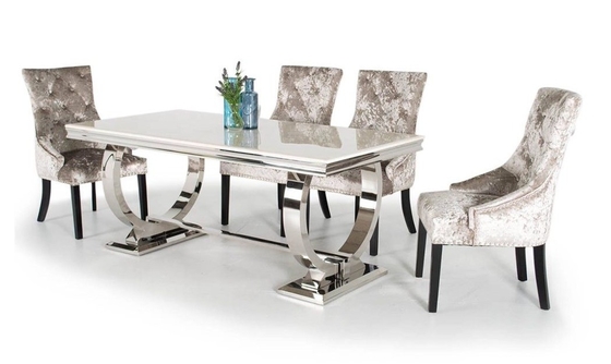 Silver Gold Stainless Steel Leg Dining Table Set 6 Seater With Marble Top