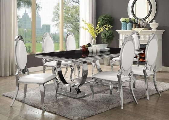 Silver Gold Stainless Steel Leg Dining Table Set 6 Seater With Marble Top