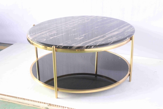 Double Glass Round Coffee Table With Gold Metal Home Use