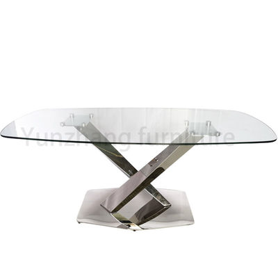 Good price Simple Luxury Modern Dining Tables Clear Tempered Glass Mirrored Silver Finish online