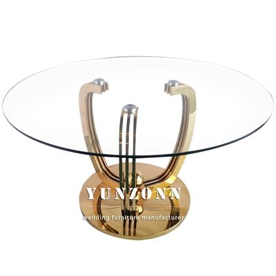 Luxury Model Round Dining Table Transparent 10mm Thick Tempered Glass Top With Gold Base