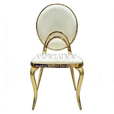 Good price Cheap Hotel Wedding Party Events Furniture White PU Cushion Gold Stainless Steel Round Back Dining Chair Bride and Groom online