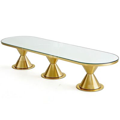 quality Luxurious New Arrival Modern Gold Stainless Steel Legs Oval Outdoor Dining Wedding Table with Tempered Glass Top Hotel Furniture factory