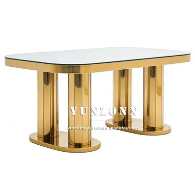 Good price Wholesale Rectangle Banquet Mirror Glass Top Stainless Steel Table Gold Wedding Events Hotels Dining Furniture online