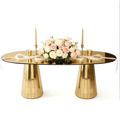 Good price Gold Stainless Steel Dining Table and Chairs Set Glass Top Wedding Furniture for Hotel Use online