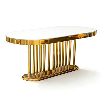 Good price Wedding Furniture Wholesale Gold Oval Stainless Steel Frame White Mirror Glass Top Long Table Dining Hotel Table for Wedding online