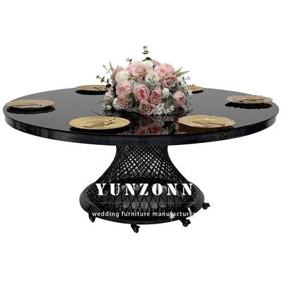 Good price Hotel Banquet Glass Top Black Dining Table Stainless Steel Round Metal Movable Wedding Table online