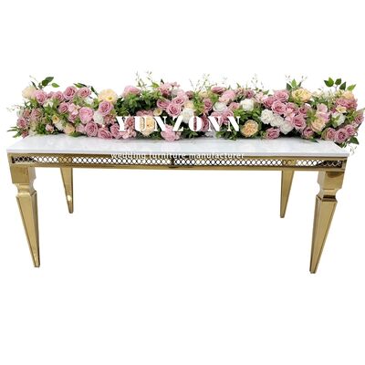 Good price Romantic Rectangle Mirror Glass Wedding Dining Table Gold Stainless Steel Banquet Hotel Wedding Table for 8 Person online