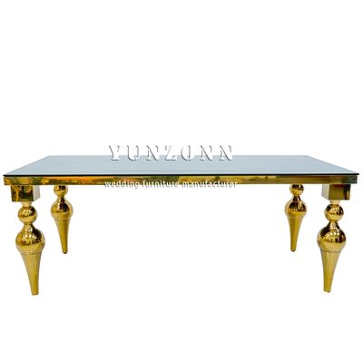 Good price Foshan Factory Cheap Price Hotel Dining Furniture Gold Stainless Steel Mirror Glass Table Top Wedding Table online