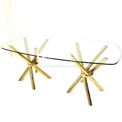 Good price Lightweight and Stable Cheap Golden Stainless Steel Cross-leg clear Glass Event Wedding Banquet Table online