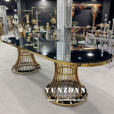 Good price Factory Direct Wedding Decoration Table 8FT Long Wedding Banquet Oval Gold Stainless Steel Table Glass Table online
