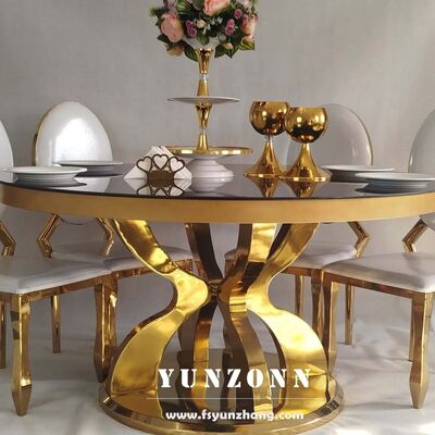 Good price Custom Contemporary Stainless Steel Pedestal Design Gold Hotel Royal Restaurant Luxury Round Glass Dining Tables online
