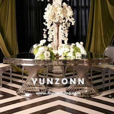 Good price Nest Base Double Pedestal Dining Table with Mirror Glass Top Gold Centerpieces for Weddings and Hotels online