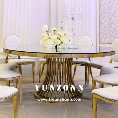 Good price Luxury Round Dining Table with Gold Stainless Steel Base and Glass Top for Wedding and Event Banquets Hotel Furniture online