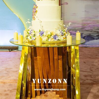 Good price White Glass Wedding Display Cake Table with Round Gold Nest Base Stainless Steel for Hotel Furniture online