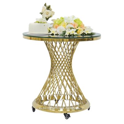 Good price Luxury Gold Stainless Steel Mirror Glass Top Wedding Decoration Cake Stand Table online
