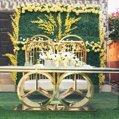 Good price Modern Style Stainless Steel Frame Wedding Dining Table New Outdoor Hotel Furniture With Glass and MDF for Parties and Events online