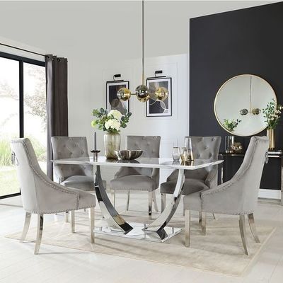 Good price Stainless Steel Silver Black Marble Top Dining Table Set Luxury Modern Dining Tables 150X90X75 online